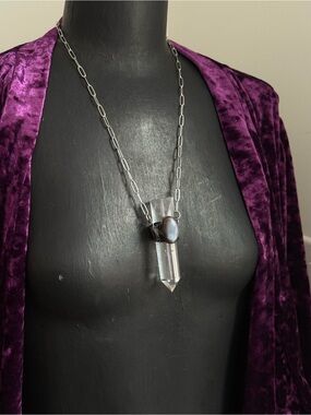 Clear Quartz Point Pendant Necklace black moonstone witchy statement jewelry